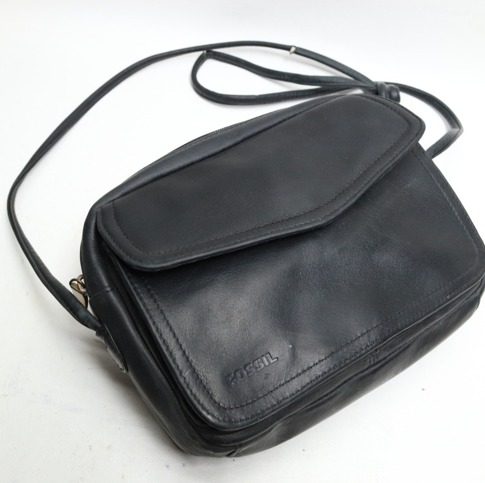 Vintage Fossil Crossbody Handbag S Black Leather Oganizer Credit Card ID Bag